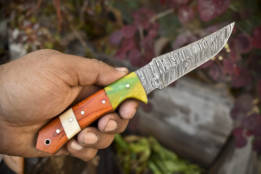 8.0" Twist Damascus Skinner Knife Bone Wood Handle Micarta Bolster Fishing Blade