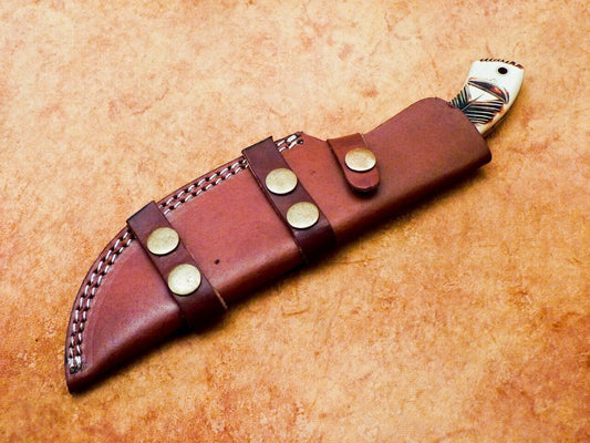 10" Handmade Damascus Steel Full Tang Tracker Bowie Knife – Camel Bone Handle w/ Brass Bolster