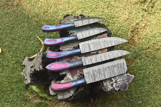 Handmade Hand-Forged Chef Knife Set – Twist Damascus Steel with Hardwood Handles, Lot of 5 EDC Knives