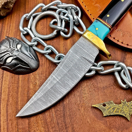 9" Heritage Forge Handmade Damascus Hunting Knife – Resin Handle with Leather Sheath