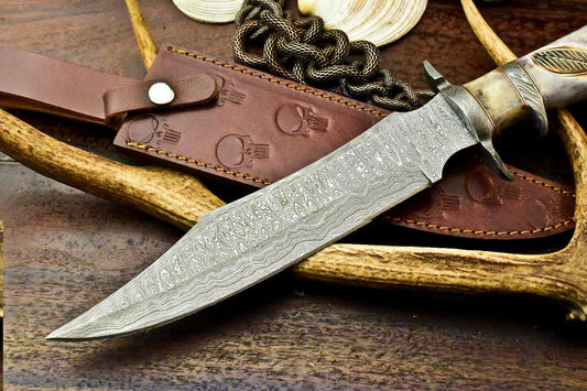 15" Handmade Damascus Bowie – Engraved Camel Bone Handle & Leather Sheath