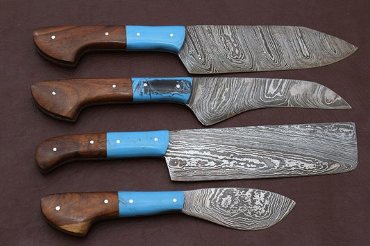 Handmade Damascus Steel Kitchen Chef Knives Set with Rosewood Handle
