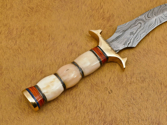 Damascus Bowie Knife – 13" Handmade Hunting Blade with Camel Bone & Pakka Wood Handle