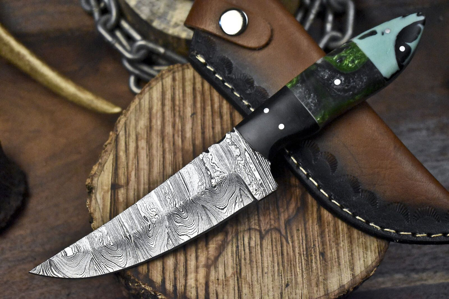 Custom Twist Damascus Skinner Knife with Corian Handle and Micarta Bolster – Handmade Fixed Blade for Hunting and Outdoors