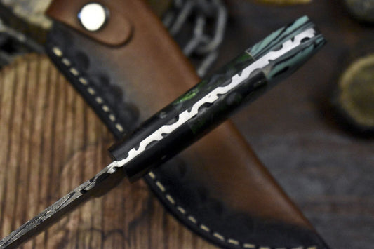 Custom Twist Damascus Skinner Knife with Corian Handle and Micarta Bolster – Handmade Fixed Blade for Hunting and Outdoors