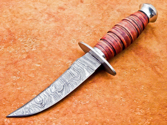 Heritage Forge 10 Inch Handmade Damascus Steel Camping and Hunting Knife with Leather Handle and Sheath