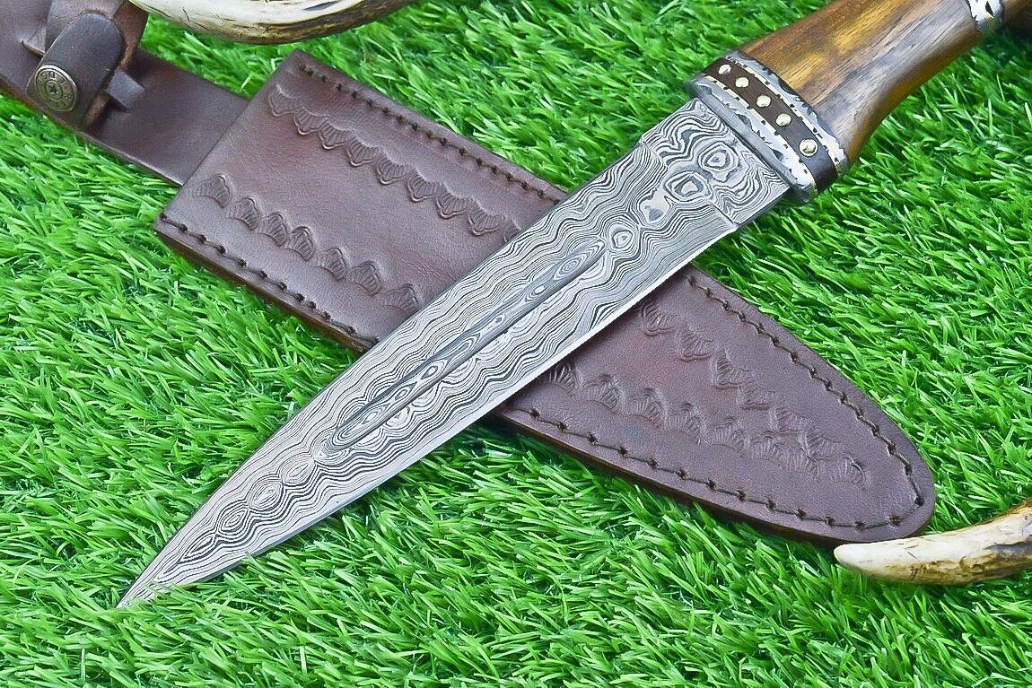 14 Inch Damascus Steel Bowie Dagger with Natural Wood Handle