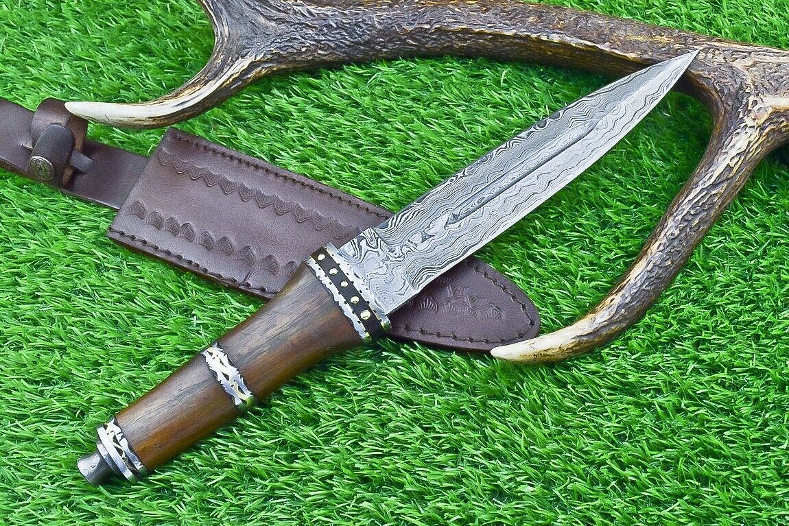 14 Inch Damascus Steel Bowie Dagger with Natural Wood Handle