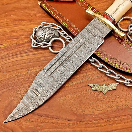 17 Inch Custom Handmade Damascus Steel Bowie Knife with Wood Handle and Brass Bolster