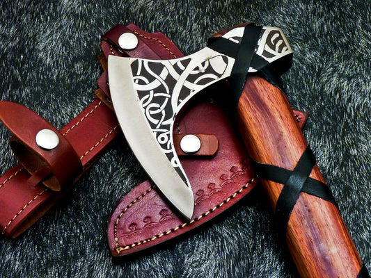 Custom Hand Forged Carbon Steel Viking Tomahawk – Unique Etched Axe with Leather Sheath