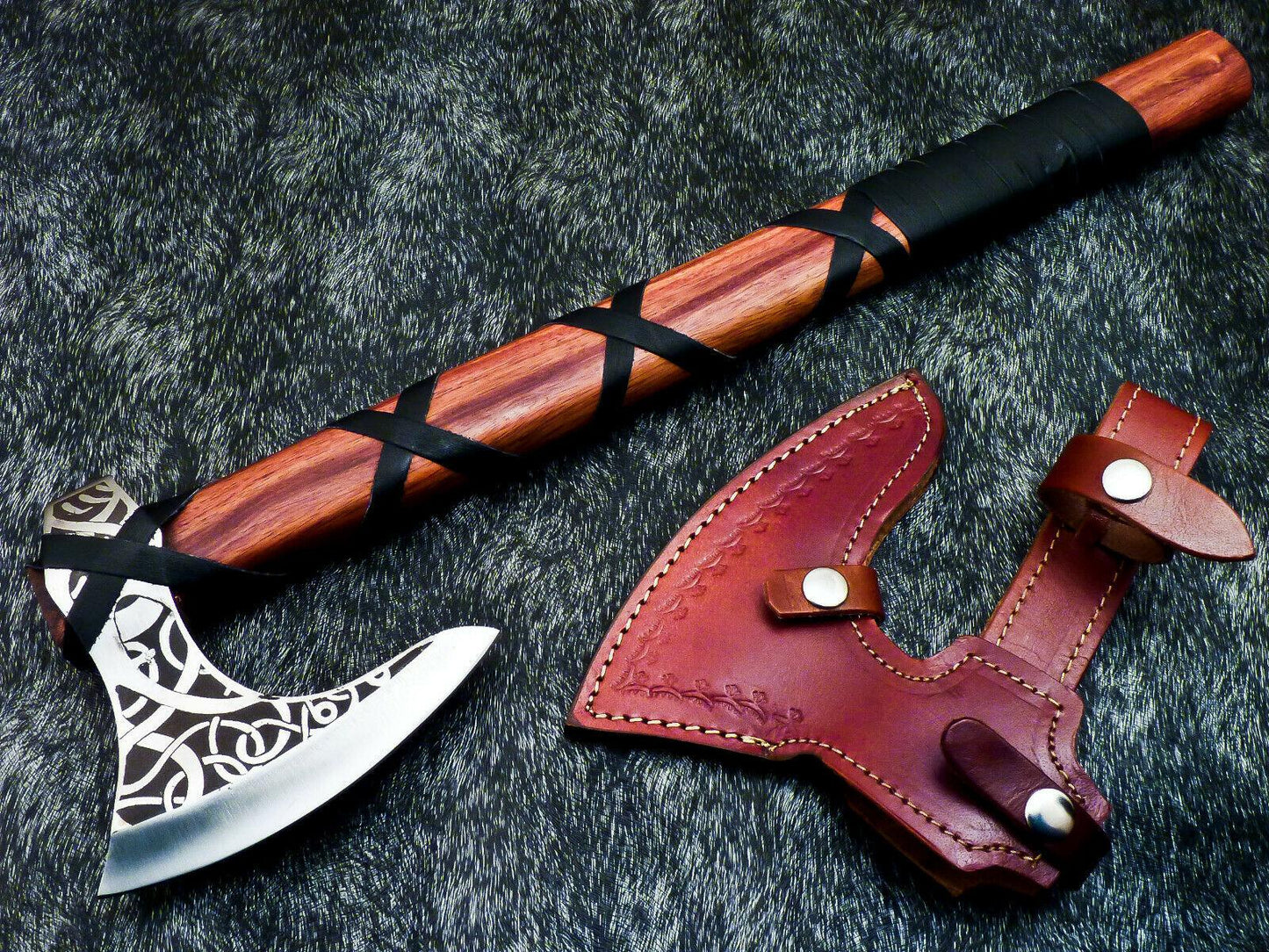 Custom Hand Forged Carbon Steel Viking Tomahawk – Unique Etched Axe with Leather Sheath