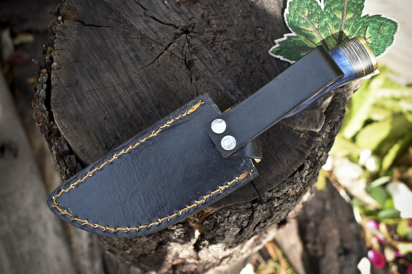 Twist Damascus Gut Hook Skinner Knife – Corian Handle with Brass Guard & Leather Sheath