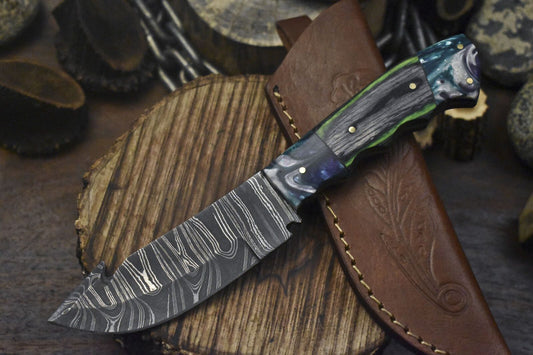Handmade Twist Damascus Skinner Knife with Gut Hook and Hard Wood Handle