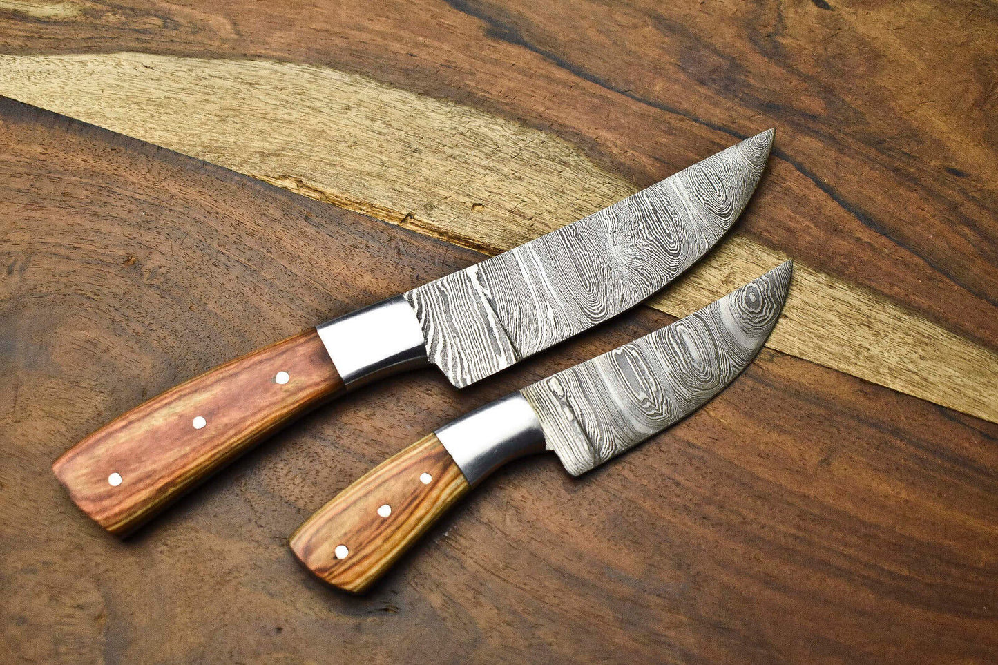 Lot of 2 Handmade Damascus Steel Blade Chef Set Knives – Full Tang Kitchen Knifes