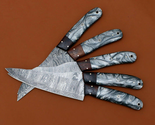 Handmade Damascus Steel Chef Knife Set of 5 – Resin Art Handle