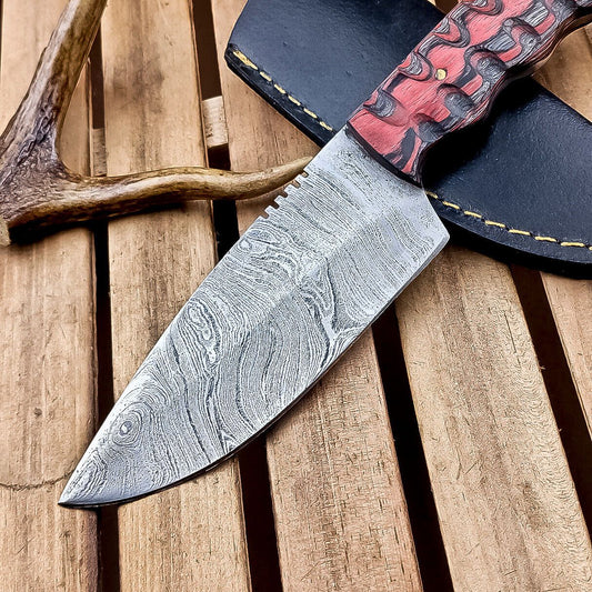 10" Damascus Hunting Knife – Multi-Color Wood Handle & Sheath