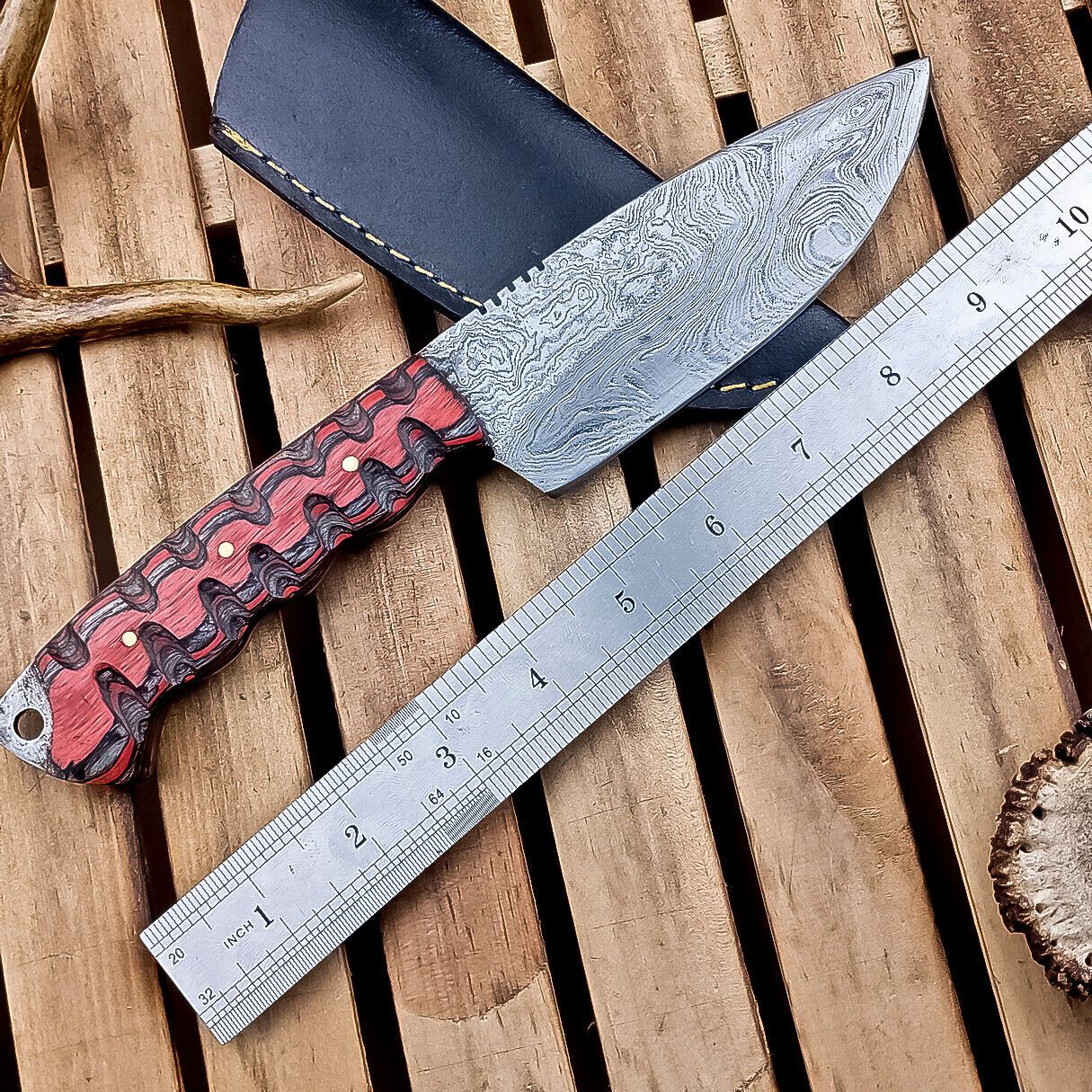 10" Damascus Hunting Knife – Multi-Color Wood Handle & Sheath