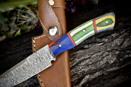Twist Damascus Skinner Knife with Hard Wood Handle and Micarta Bolster for Hiking