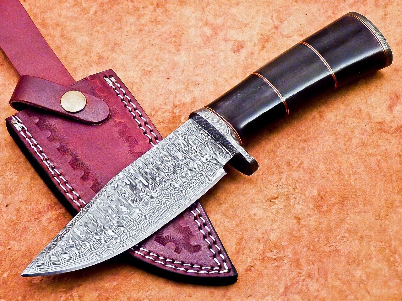 10" Handmade Damascus Steel Bowie Knife | Stained Camel Bone Handle