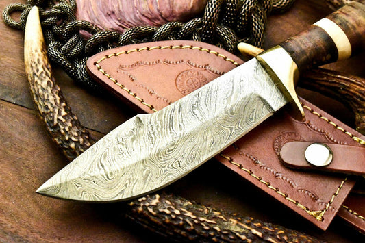 10" Damascus Bowie Knife | Stacked Leather Handle & Hand-Forged Blade
