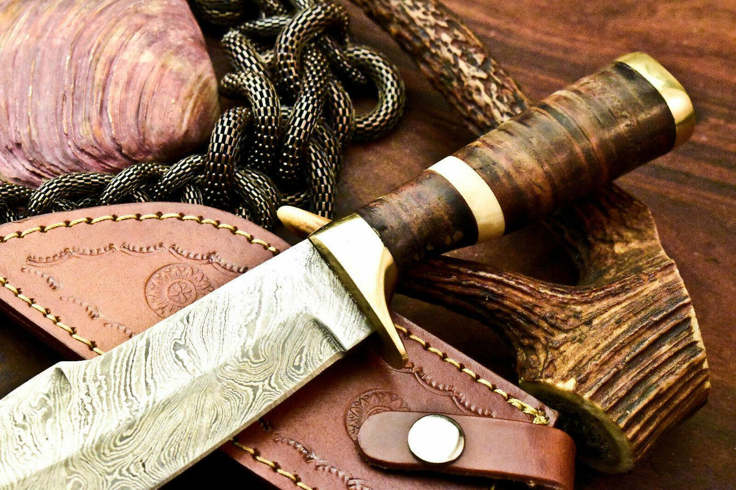 10" Hand Forged Damascus Bowie Knife Damascus Steel Knife With Stacked Leather Handle