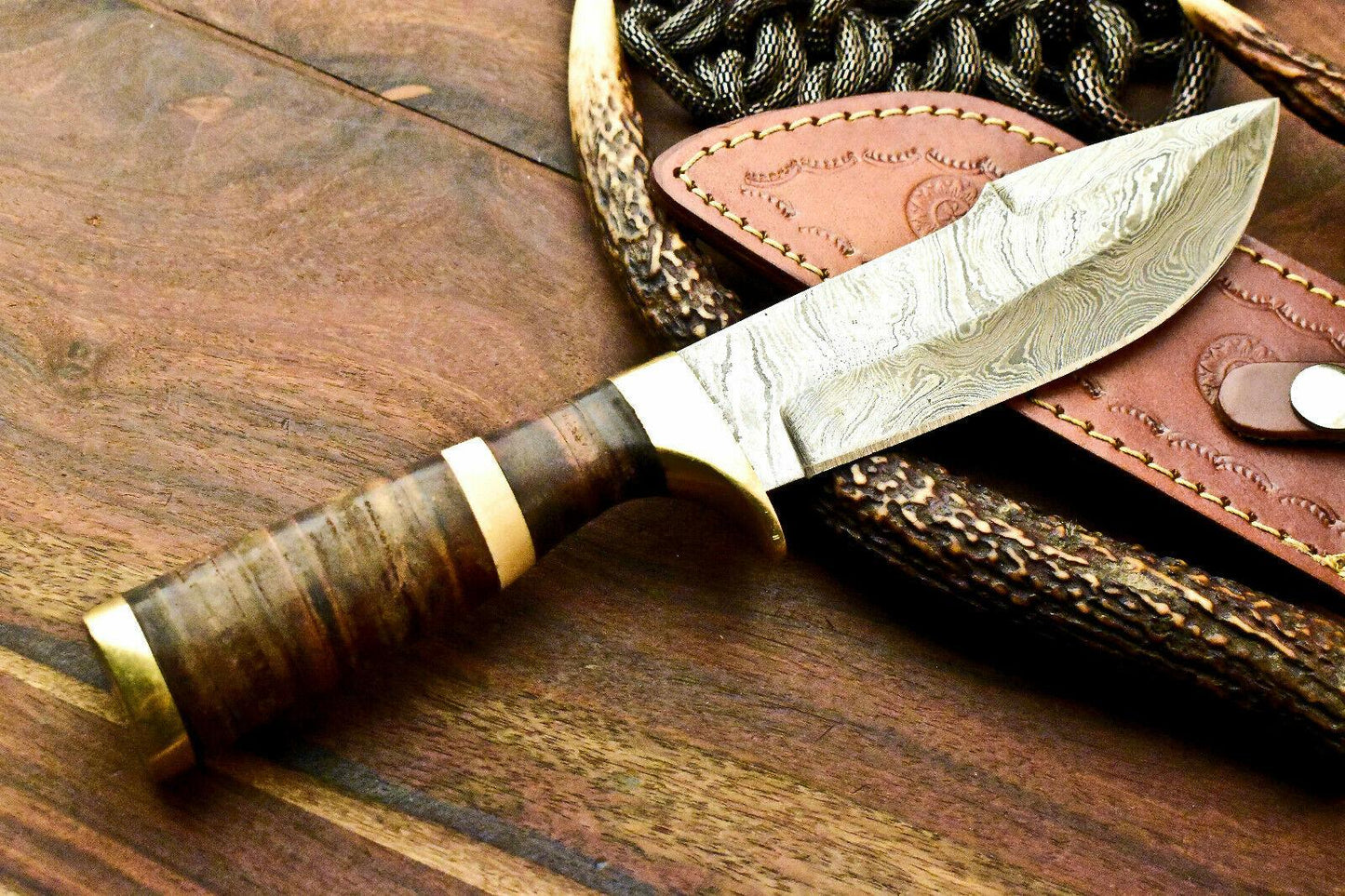10" Damascus Bowie Knife | Stacked Leather Handle & Hand-Forged Blade