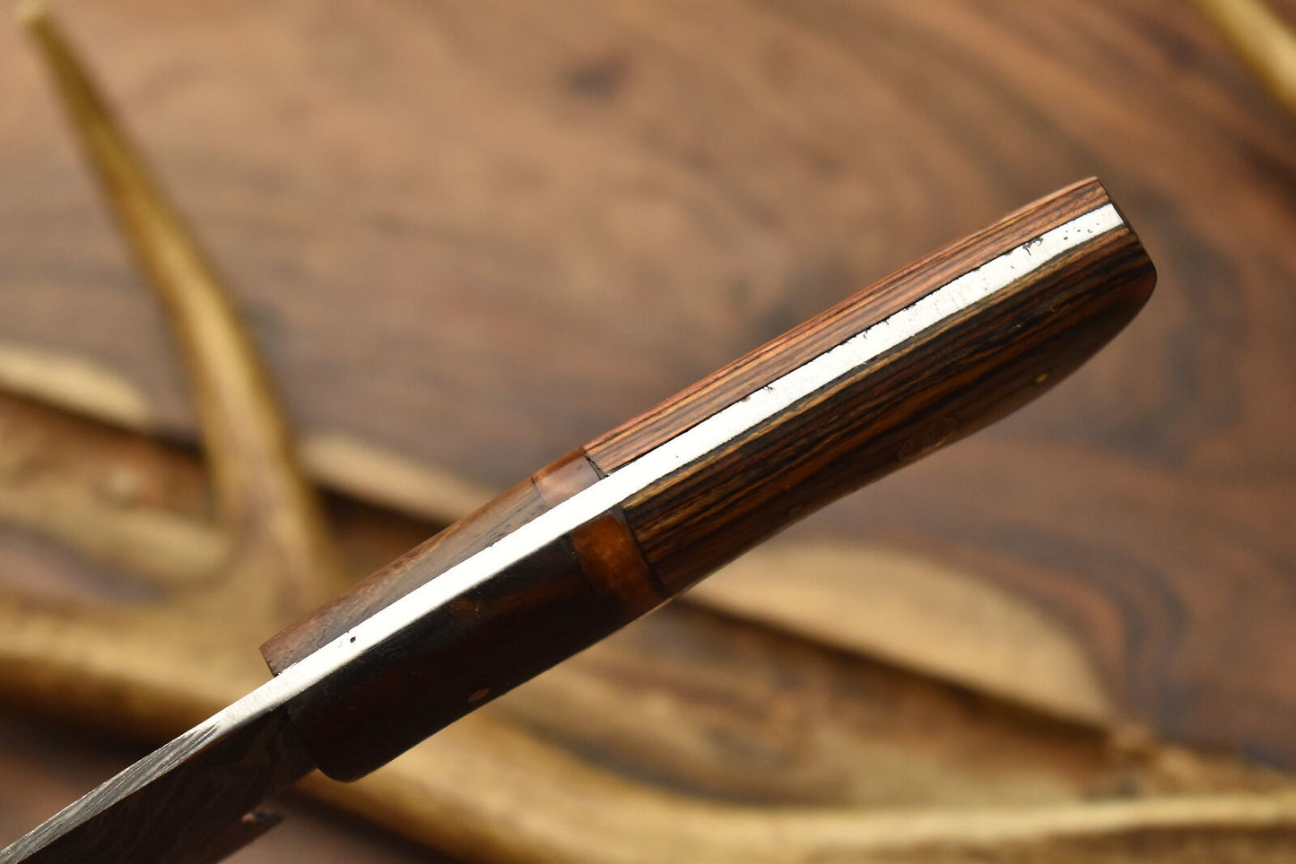 Hand Forged Damascus Skinner Knife with Hardwood Handle – Compact Everyday Carry with Leather Sheath