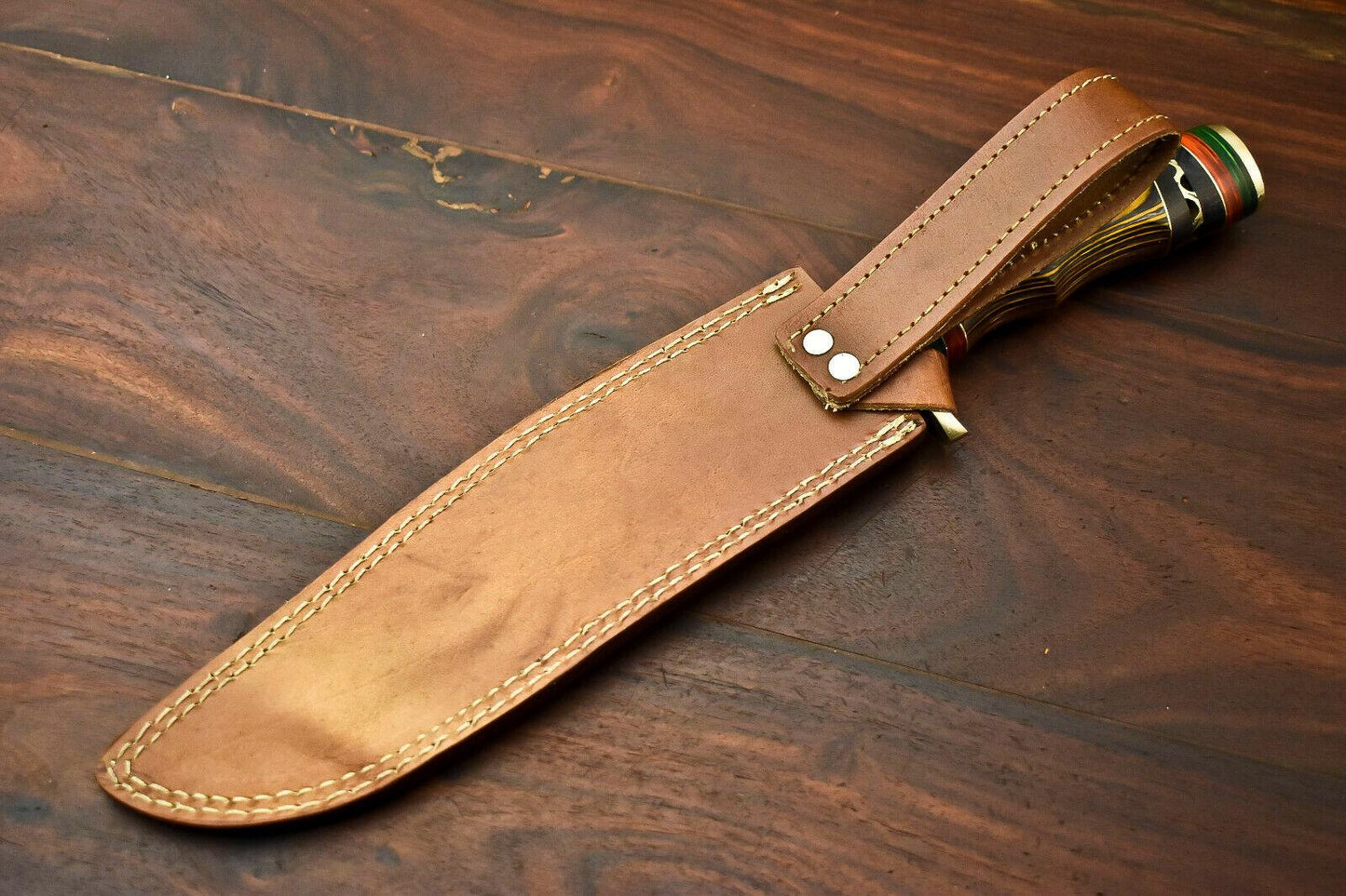 15” Handmade Damascus Bowie Knife | Hardwood Handle & Leather Sheath