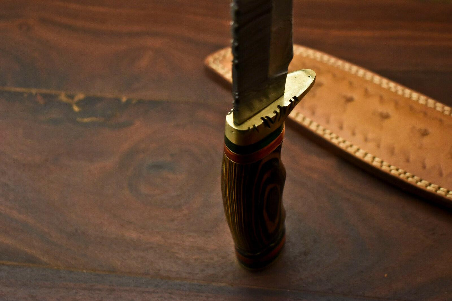 15” Handmade Damascus Bowie Knife | Hardwood Handle & Leather Sheath