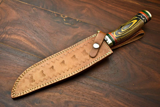 15” Handmade Damascus Bowie Knife | Hardwood Handle & Leather Sheath