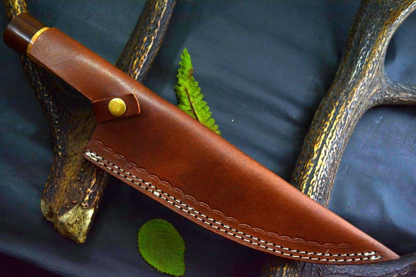 13.3" Custom Handmade Damascus Steel Chef Knife with Walnut & Olive Wood Handle + Leather Sheath