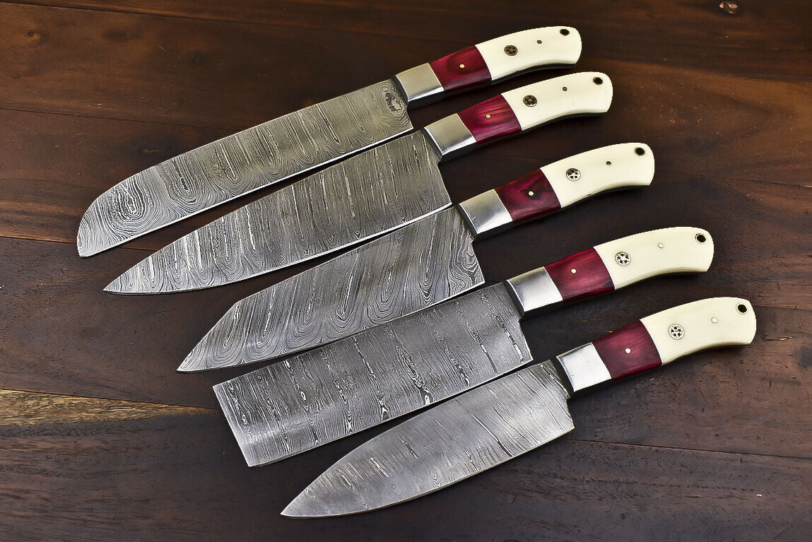 DAMASCUS KITCHEN SET Hard Wood Chef Knife Steel Bolster 5 Pieces