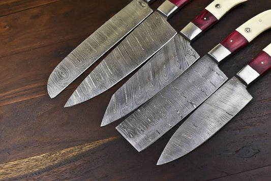 DAMASCUS KITCHEN SET Hard Wood Chef Knife Steel Bolster 5 Pieces
