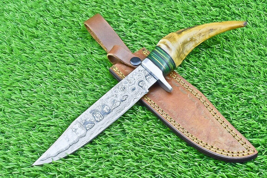 Damascus Steel Bowie Knife with Ram Horn and Wood Handle