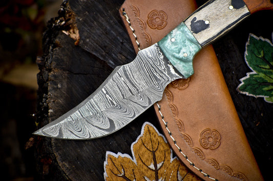 Twist Damascus Skinner Knife with Hard Wood Handle and Micarta Bolster for Hiking