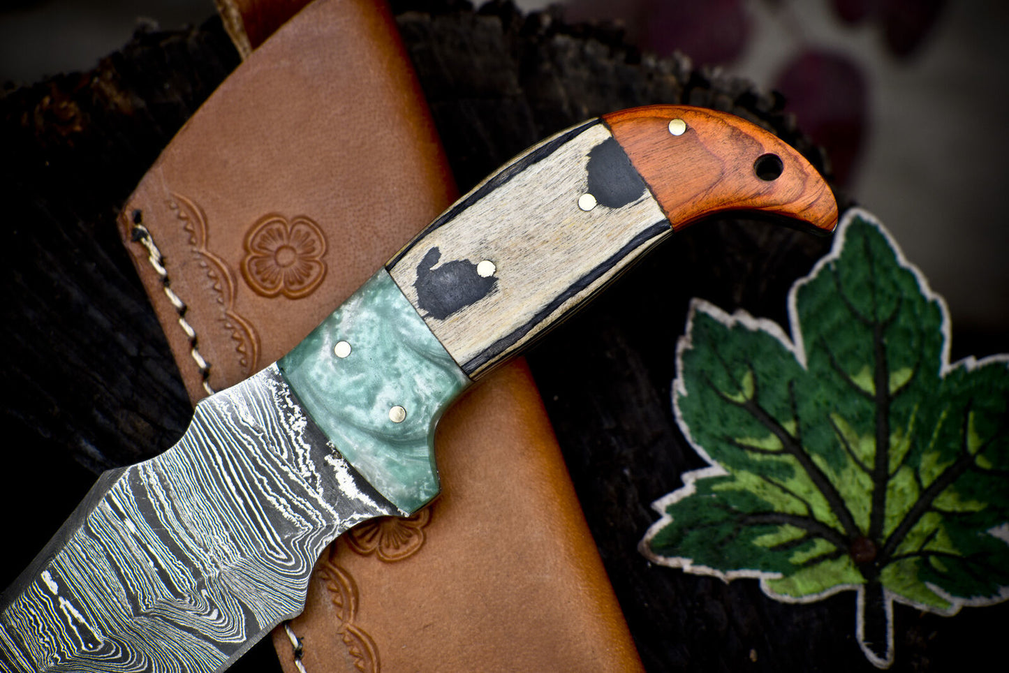 Twist Damascus Skinner Knife with Hard Wood Handle and Micarta Bolster for Hiking