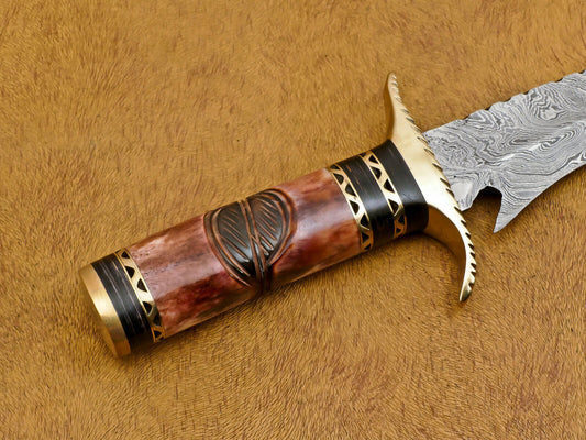 13" Handmade Damascus Bowie Knife – Camel Bone & Pakka Wood Handle with Brass Guard