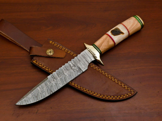 12 Inch Damascus Bowie Knife with Engraved Camel Bone and Olive Wood Handle