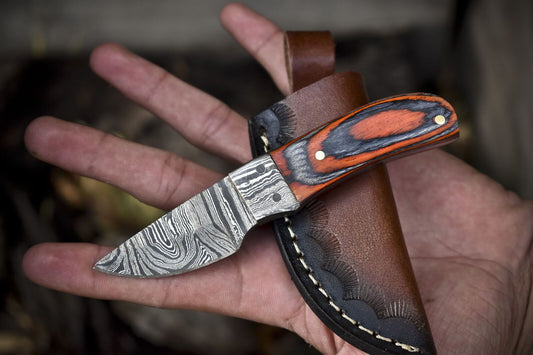 Compact Twist Damascus Skinner Knife with Hardwood Handle and Damascus Bolster EDC