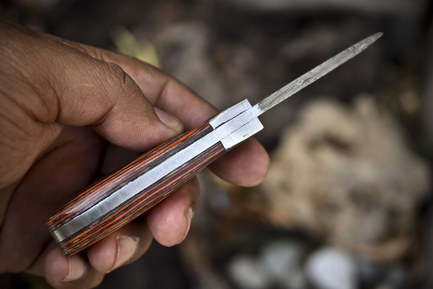 Compact Twist Damascus Skinner Knife with Hardwood Handle and Damascus Bolster EDC
