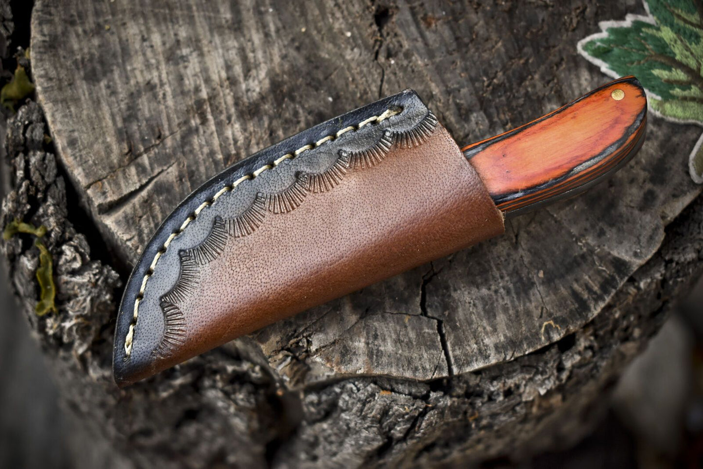 Compact Twist Damascus Skinner Knife with Hardwood Handle and Damascus Bolster EDC