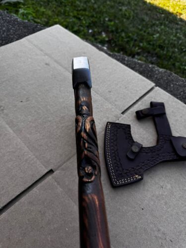 Handmade Carbon Steel Viking Throwing Axe with Walnut Wood Handle and Leather Sheath
