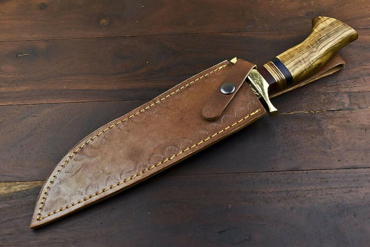 14.5" Damascus Bowie Knife | Walnut Wood Trailing Point