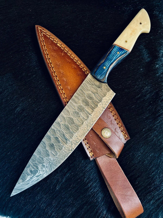 13" Custom Handmade Fire Damascus Steel Santoku Chef Knife – Stained Camel Bone & Natural Wood Handle