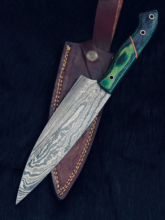 13" Custom Handmade Twist Damascus Steel Santoku Chef Knife with Camel Bone & Wood Handle