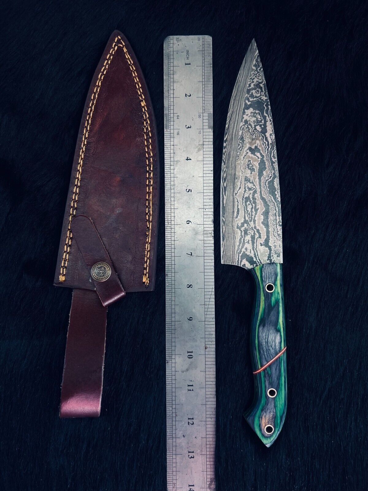 13" Twist Damascus Steel Bowie Chef Knife – Camel Bone & Wood Handle