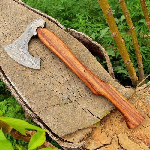Handmade Damascus Steel Viking Bearded Camping Hatchet Tomahawk Axe | 20-Inch with Natural Wood Handle & Leather Sheath