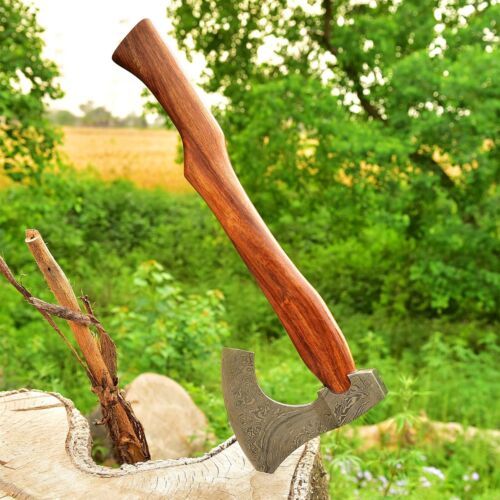 Custom Made Damascus Steel Viking Bearded Camping Hatchet Tomahawk Axe with Leather Sheath