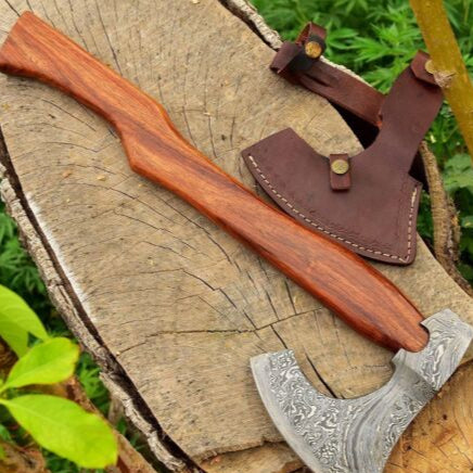 Custom Made Damascus Steel Viking Bearded Camping Hatchet Tomahawk Axe with Leather Sheath