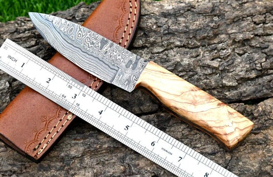 Custom Handmade Forged Damascus Hunting Knife | Natural Ash Wood Handle & Leather Sheath